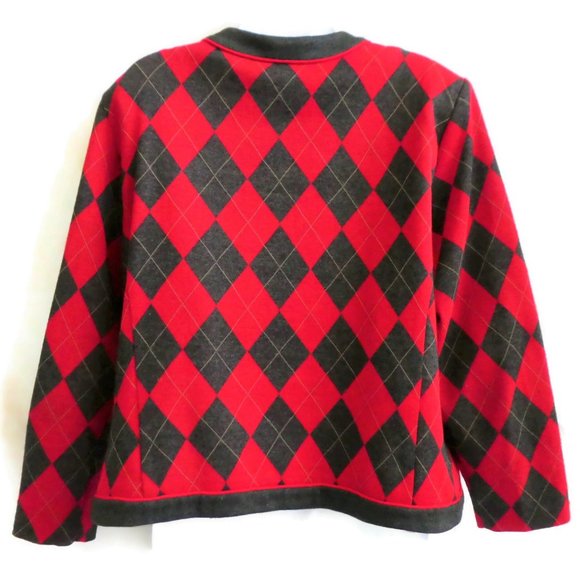 Vintage Stuart Alan USA Cardigan Diamond Plaid Argyle Red Gray Preppy XL - Picture 6 of 10